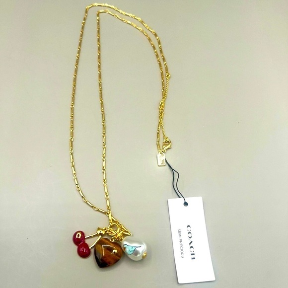 COACH Gold-Tone Charm Pendant Necklace with Cherry, Faux Pearl & Tiger Eye Heart - Picture 5 of 8